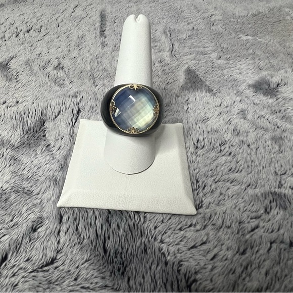 14K Yellow Gold Blue Quartz & Black Onyx Statement Ring Size 10 - Picture 10 of 10